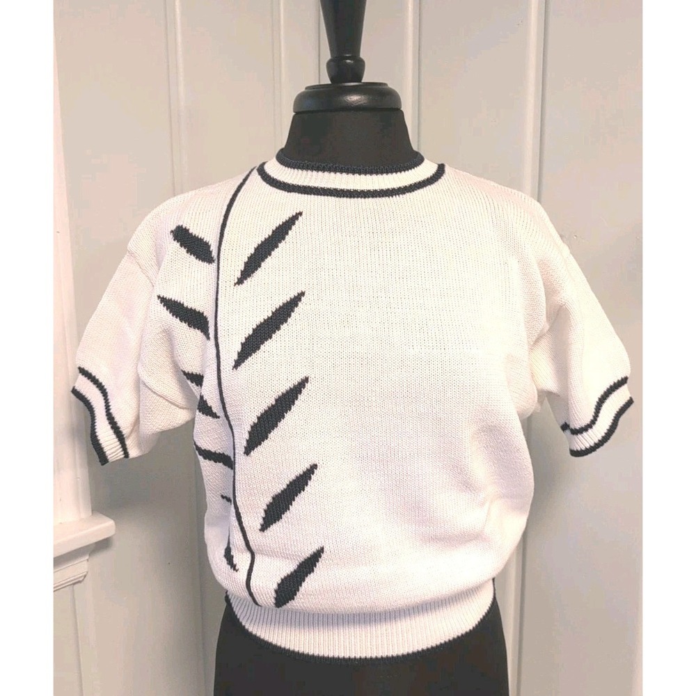 Eva Picone VTG 100% Cotton  Sweater Short Sleeve White Navy Abstract Women's Med